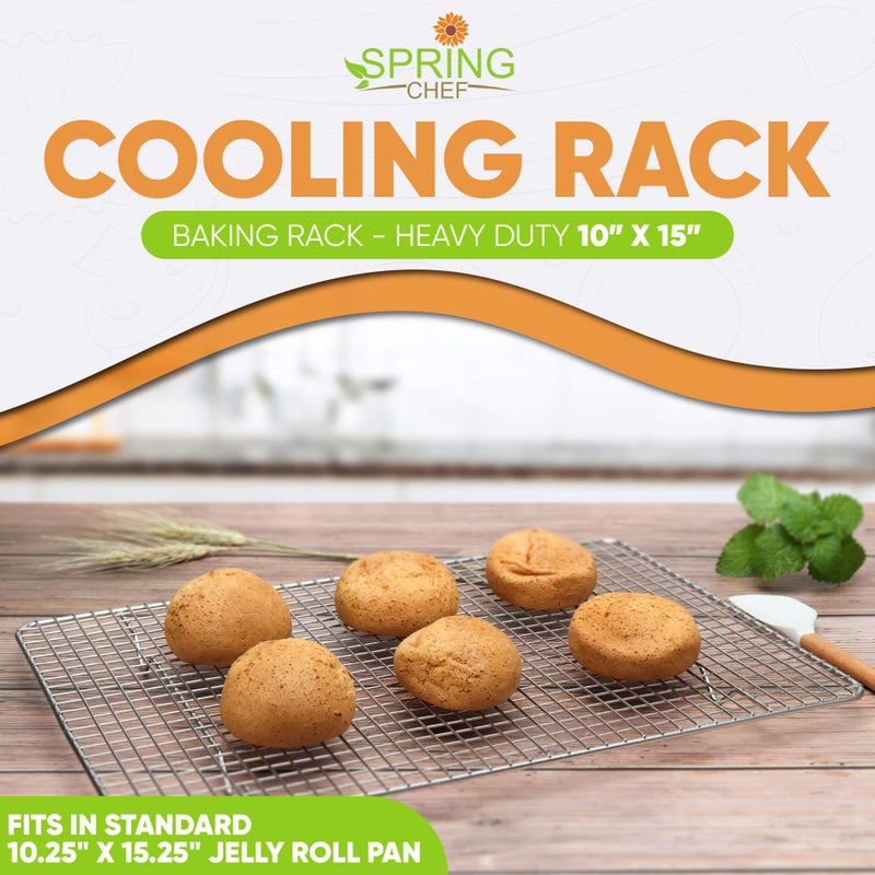 Spring Chef رفوف تبريد من الفولاذ المقاوم للصدأ 10" × 15" من سبرينغ شيف للخبز - آمنة للاستخدام في الفرن - رفوف بسكويت لتبريد البسكويت - تناسب صينية جيلي رول - مثالية للشواء، التحميص، الطهي، التجفيف - مجموعة من 2 - Image 2